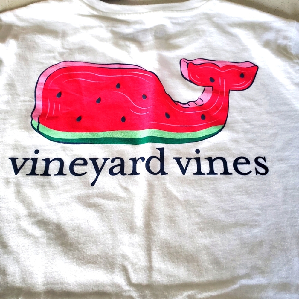 Vineyard Vines White Tee with Pink Watermelon Whale Graphic